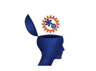 Poster - 3d open mind businessman, woman head with gears vector graphic. Business infographics design to use for teamwork, brainstorming, leadership, career, motivation projects. 