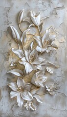 Wall Mural - Lily Stucco Relief: Delicate white and gold lilies with elongated petals and intricate details, surrounded by slender leaves.