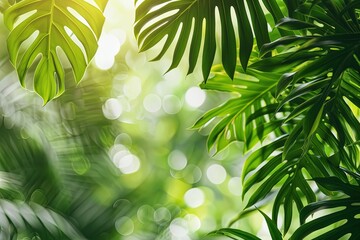 Sticker - Lush Green Tropical Leaves With Blurred Background