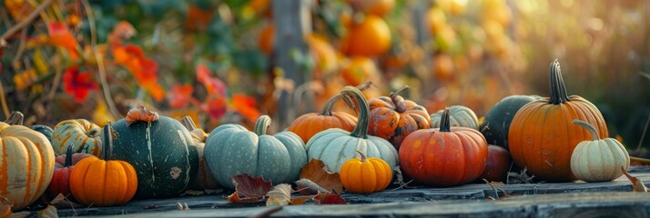 Wall Mural - Beautiful pumpkin on wooden table in farm in Autumn