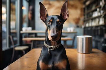 Wall Mural - Portrait of a funny doberman pinscher over serene coffee shop background