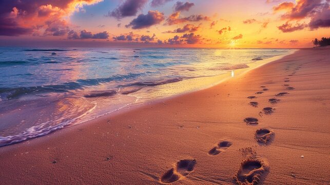 Clear footprints on sandy beach with tropical sea water and colorful sunset sky