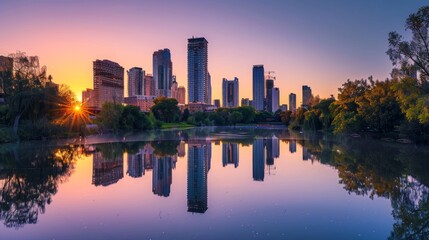 Aufkleber - A high-rise building skyline reflected perfectly in a river at dawn, creating a peaceful urban scene.