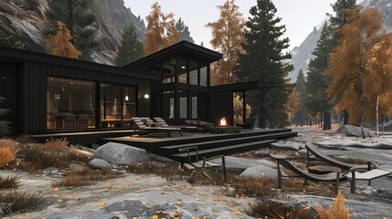 Sticker - Mountain Chalet: A stylish mountain chalet with a black exterior and expansive windows, located in a mountainous area