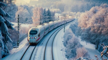 Aufkleber - A high-speed train in a snowy winter landscape, with snow-covered trees and fields.