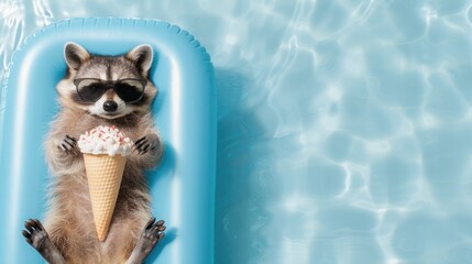 Wall Mural - Raccoon Relaxing in Pool With Ice Cream