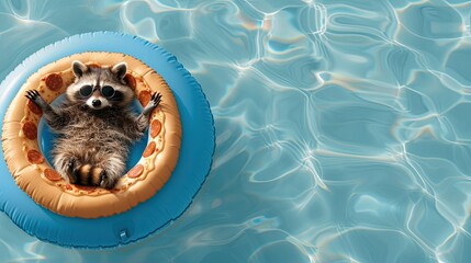 Wall Mural - Raccoon Relaxing On A Pizza Pool Float