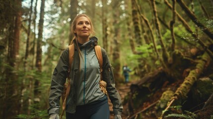a woman hiking up a steep trail in a forest, wearing layered activewear including a thermal top, leg