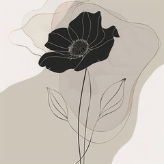 Wall Mural - Line art illustration of a black flower against a light gray background with beige and white figures, 16:9