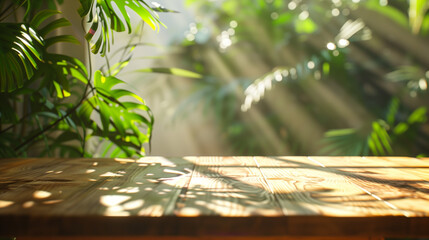 Wall Mural - A wooden table with a view of a lush green forest. The sunlight is shining through the window, creating a warm and inviting atmosphere