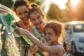 Wall Mural - A happy girl is washing her car with water from the garden hose, laughing and having fun