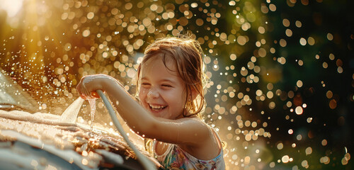 Wall Mural - A happy girl is washing her car with water from the garden hose, laughing and having fun