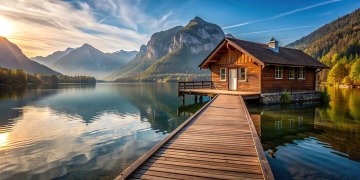 House on the lake with a wooden dock and mountains in the background, house, lake, water, outdoors, nature, serene
