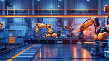 Wall Mural - A factory with robots in orange and blue
