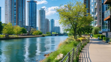 Aufkleber - High-rise apartments and office buildings lining a scenic river, with a pedestrian walkway in the foreground.