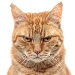 Wall Mural - Front side close up of orange cat with a angry face expression, isolated white background. 