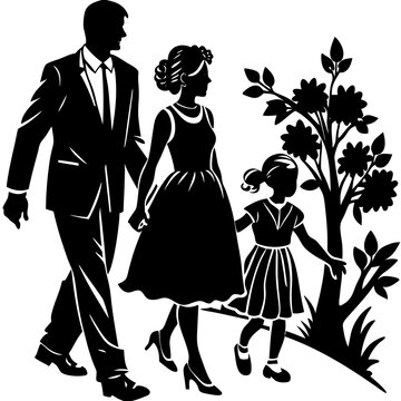 husband--wife-and-kid-walking-silhouette-in-black