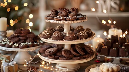 Sticker - Chocolate Cookies on Tiered Cake Stand: An assortment of chocolate cookies displayed on a tiered cake stand