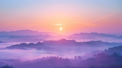 Wall Mural - A breathtaking sunrise over a misty valley, with soft pastel colors painting the sky. 