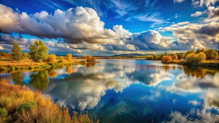 Wall Mural - Colorful landscape with lake and fluffy clouds, sweet landscape , colorful, landscape, lake, clouds, sweet,scenery, nature