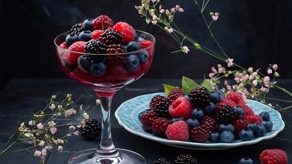 A glass with a compote of berries next to a plate with blackberries blueberries raspberries all this on a dark background decorated with flowers