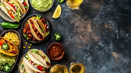 Wall Mural - Tex-Mex Fiesta: A top-down view of a background featuring tacos, nachos with cheese and jalapenos, guacamole, salsa