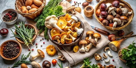 Freshly picked edible mushrooms, wild berries, and aromatic herbs are laid out on the kitchen table and ready for processing. The concept of delicious and healthy food, summer, seasonal preparations
