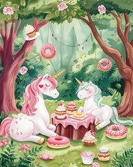 Wall Mural - Unicorn and Donut Picnic: Delight in a garden picnic scene with unicorns enjoying donuts and cupcakes