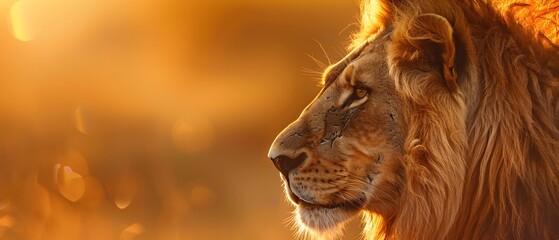 majestic lion proudly gazes into the distance with golden sunlight illuminating its mane, creating a