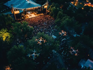 Wall Mural - Aerial drones capturing live footage of a large outdoor concert, providing dynamic and immersive views for viewers