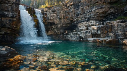 Wall Mural - A breathtaking waterfall cascading down rugged cliffs into a crystal-clear pool below. 