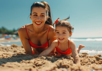 Canvas Print - A young mother and her little daughter wearing red swimming suits play on the beach, smiling happily under bright sunshine