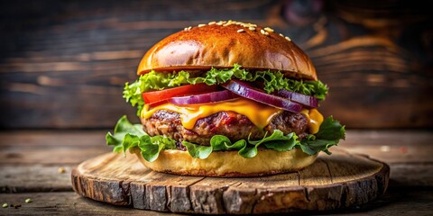 close up shot of a juicy artisan burger, showcasing its deliciousness and rustic appeal, food photog