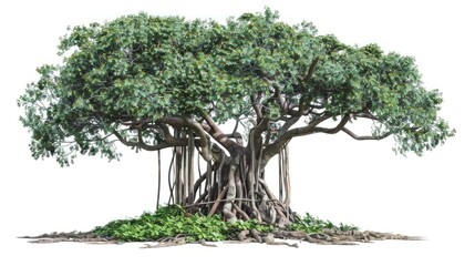 Wall Mural - A detailed jungle tree with extensive roots and vines, isolated on white background 