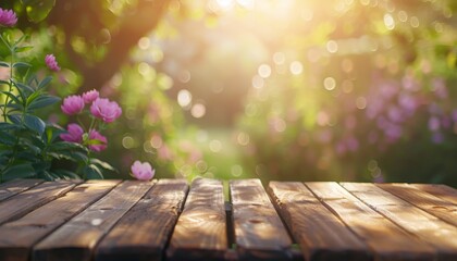 Wall Mural - A wooden table with a view of a house and a garden by AI generated image