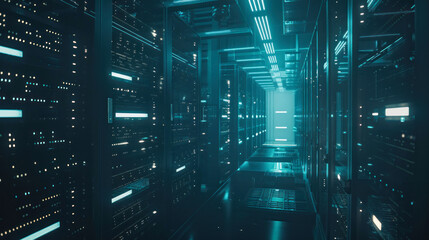 Blue-lit data center with futuristic design