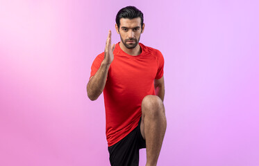 Wall Mural - Full body length gaiety shot athletic and sporty young man fitness running cardio exercise posture on isolated background. Healthy active and body care lifestyle.