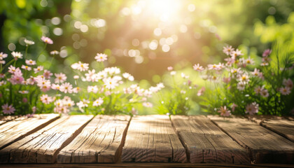 Wall Mural - A wooden table with a view of a house and a garden by AI generated image