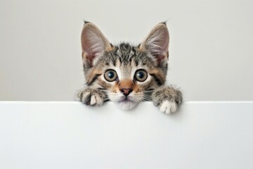 peeking kitten over a white blank drawing board, white background