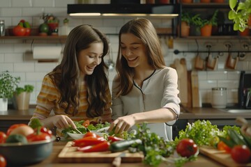 Two young women are chopping vegetables in a kitchen, suggesting a theme of healthy living, suitable as an abstract best-seller background