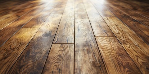 Wall Mural - Close-up shot of a wooden floor with a window in the background, suitable for use in interior design or architecture projects