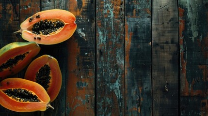 A pair of papayas sit on a wooden table, ready to be consumed or displayed