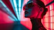 © Wirestock - AI generated illustration of a stylish woman in sunglasses with neon red and blue lights