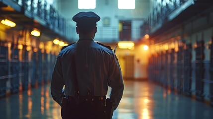 Prison Guard Keeping Watchful Eye in Moody Hallway with Blurred Background