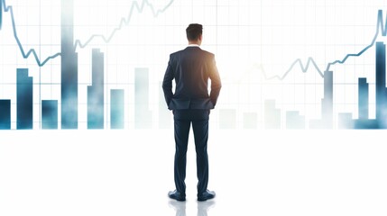 Back view of standing businessman looking stock market graph on white background