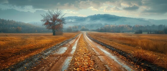 Wall Mural - autumnal scene unfolds as a dirt road adorned with fallen leaves winds through golden fields towards the embrace of misty hills under the captivating hues of dawn or dusk