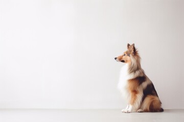 Wall Mural - Portrait of a cute shetland sheepdog isolated on minimalist or empty room background