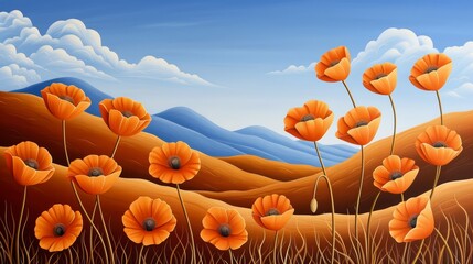 A vibrant field of California poppies in full bloom, with rich, golden hues against a clear blue sky, capturing the essence of spring in vivid detail