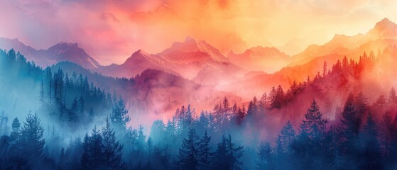 Wall Mural - dawn breaks the serene mountain landscape awakens with misty forests and a vibrant sky painting the beauty of nature in strokes of fiery oranges and peaceful purples