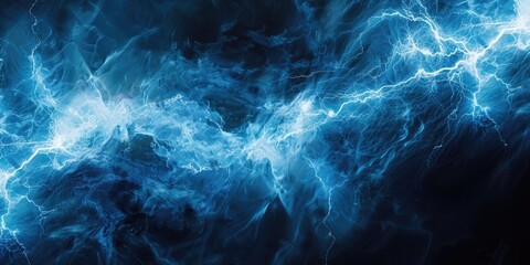 Wall Mural - A dramatic scene with lightning illuminating the dark blue and black background, ideal for use in science, technology or fantasy contexts